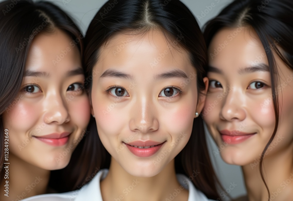 Three young women with long black hair are smiling at the camera. Three young women with long black hair are smiling at the camera.