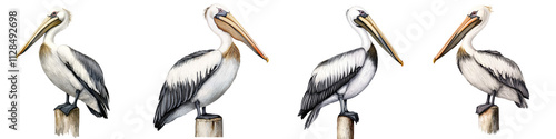 Three Majestic Pelicans Perched on a Wooden Pier over a Tranquil Lake with a Serene Coastal Backdrop Showcasing the Beauty and Grace of These Iconic Waterbirds in Their Natural Habitat