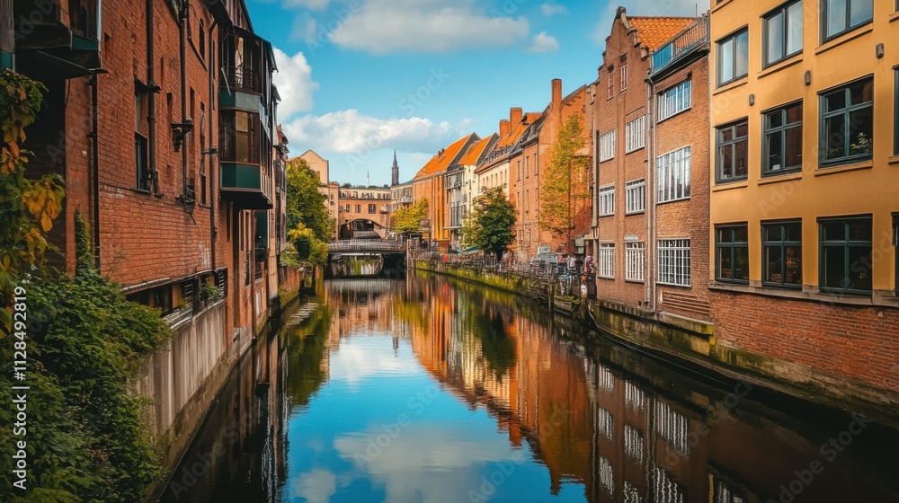 Obraz premium narrow canal surrounded by historic buildings, charming reflections in water, romantic and serene atmosphere, perfect for exploring hidden corners of the city