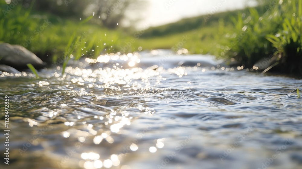 Sunlight sparkles on a flowing stream in a green meadow Sunlight sparkles on a flowing stream in a green meadow