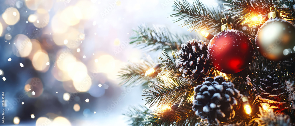 Christmas wreath with pine cones, red ribbons, and golden ornaments. Soft bokeh lights create a warm, festive backdrop Mock up for holiday promotions and seasonal designs.Generative ai Christmas wreath with pine cones, red ribbons, and golden ornaments. Soft bokeh lights create a warm, festive backdrop Mock up for holiday promotions and seasonal designs.Generative ai