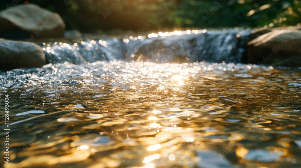 Fototapeta premium Golden Sunlight Reflects On A Gentle River Flow