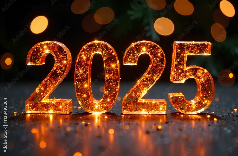 Sparkling 2025 numbers glow with golden lights, surrounded by festive decorations on a dark background, symbolizing celebration