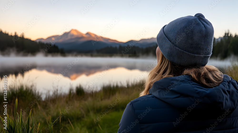 A woman looking out over a peaceful lake at dawn, with mist rising from the water and mountains in the distance. Peaceful lake view at dawn. A woman looking out over a peaceful lake at dawn, with mist rising from the water and mountains in the distance. Peaceful lake view at dawn.
