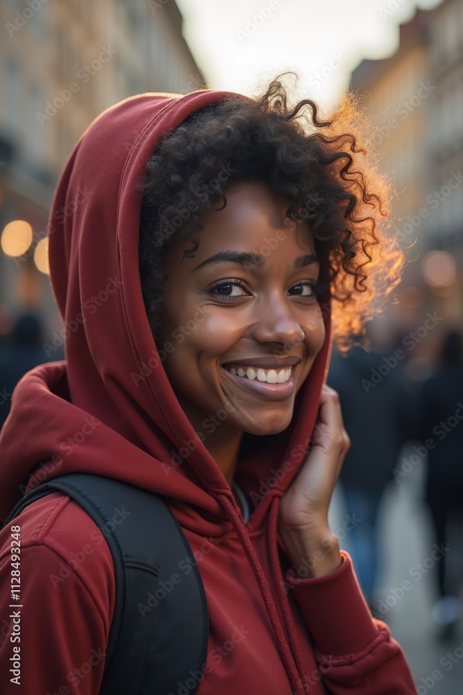 Smiling young woman in a red hoodie walks through the bustling city streets during golden hour Smiling young woman in a red hoodie walks through the bustling city streets during golden hour