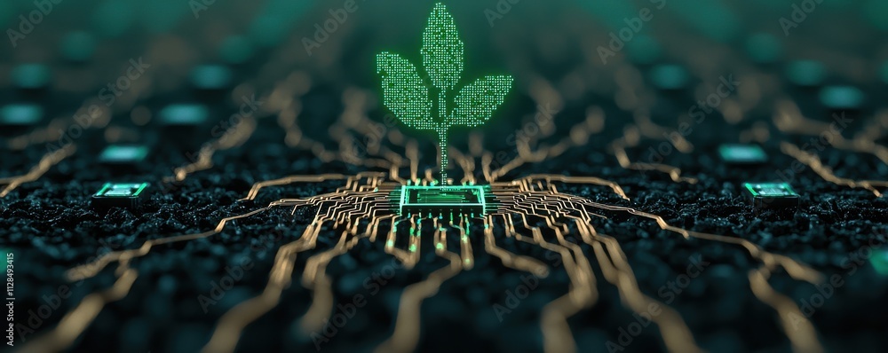 A digital representation of a glowing green plant emerging from a circuit-like network, symbolizing technology and nature's intersection. A digital representation of a glowing green plant emerging from a circuit-like network, symbolizing technology and nature's intersection.
