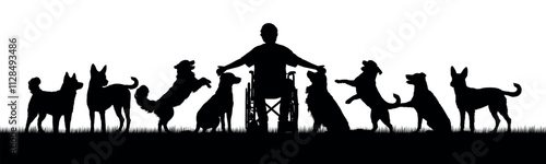 Man in wheelchair playing with group of dogs on grass field in park outdoor vector silhouettes.
