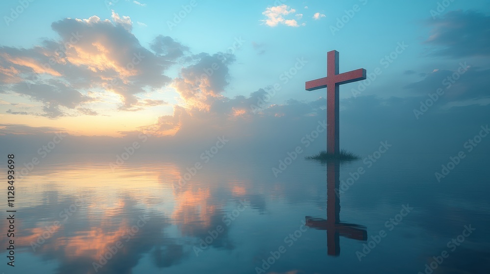 lone cross standing tall against a backdrop of blue sky soft cloudscape and a mirrored reflection lone cross standing tall against a backdrop of blue sky soft cloudscape and a mirrored reflection