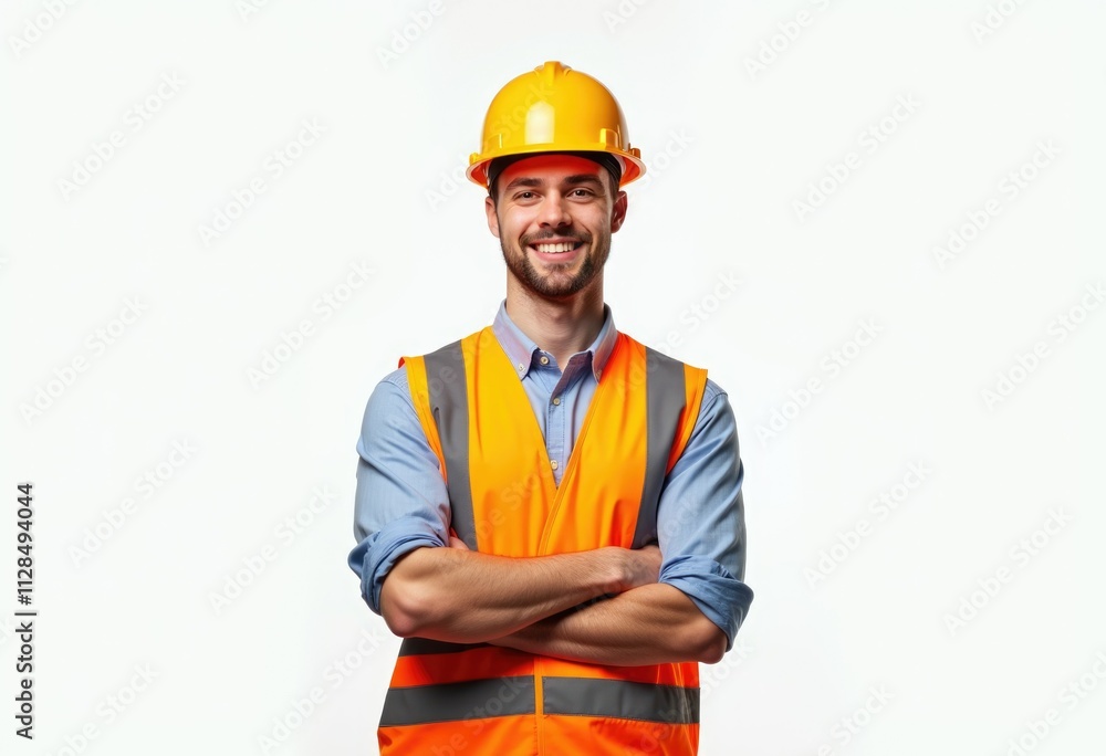 A construction worker in a safety vest and hard hat stands with arms crossed, looking confident and ready for work. A construction worker in a safety vest and hard hat stands with arms crossed, looking confident and ready for work.