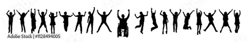 Man in wheelchair raising arms with children jumping in row in row black silhouettes.