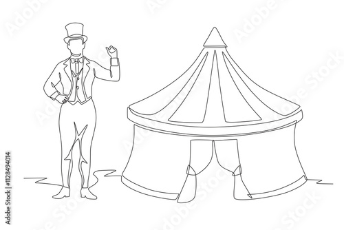 Circus host next to circus tent. Night market concept one-line drawing