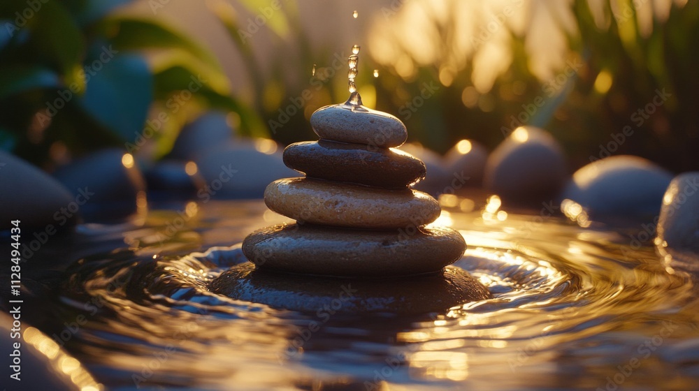 Obraz premium Stacked Stones In Water Golden Sunset Serenity