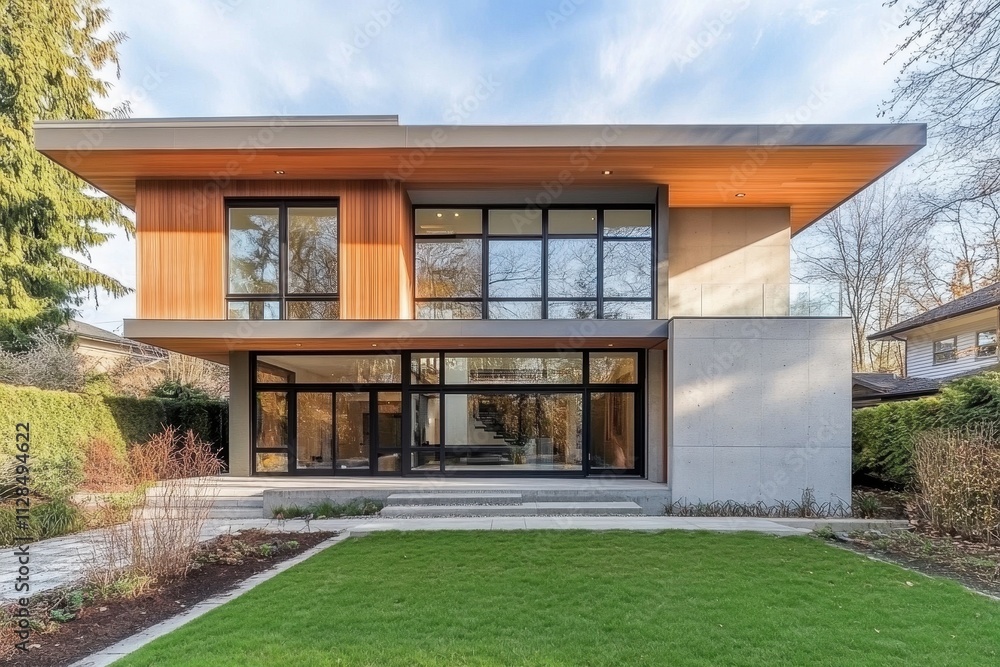 Modern two-story house with large windows and a landscaped garden. Modern two-story house with large windows and a landscaped garden.