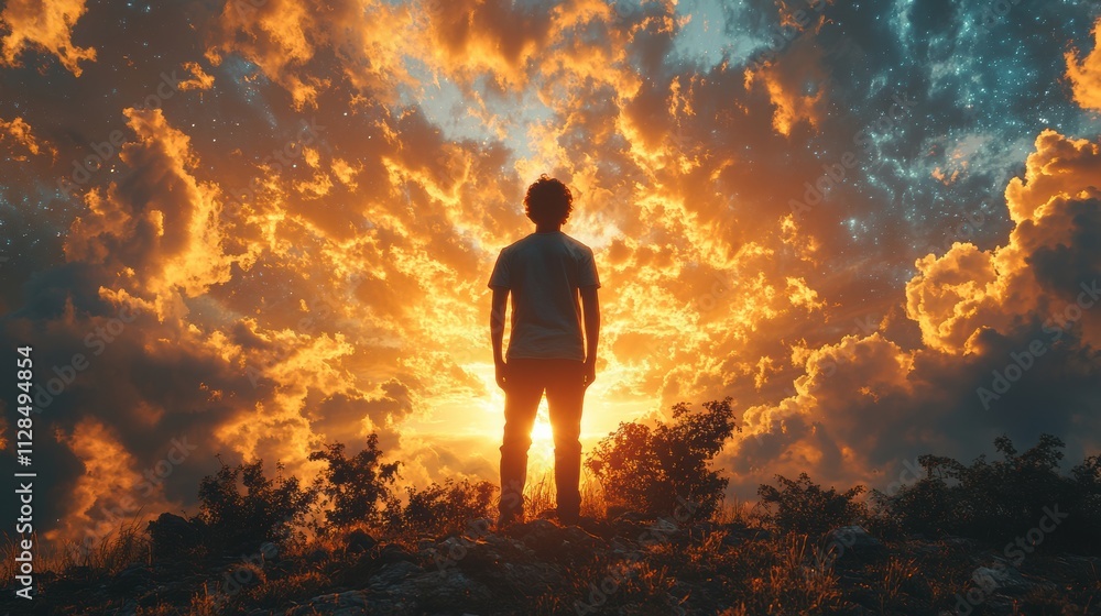 Obraz premium man in the sky with dramatic cloudscape