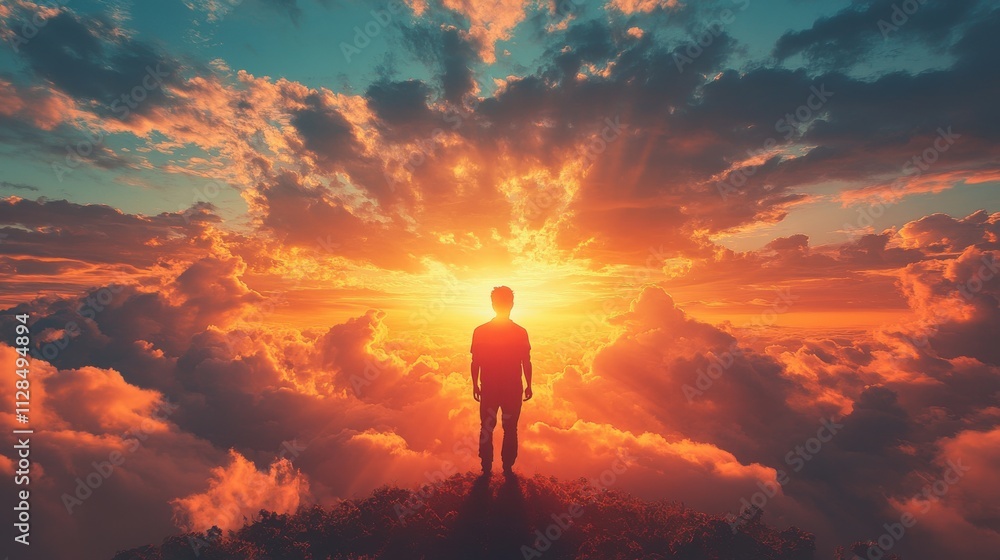 Fototapeta premium man in the sky with dramatic cloudscape