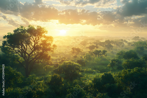 Sunrise: Golden Light Bathes Lush Forest