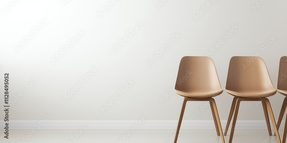 Four elegant, minimalist wooden chairs are neatly arranged against a plain wall, highlighting simplicity and functionality in modern design and interior aesthetics. Four elegant, minimalist wooden chairs are neatly arranged against a plain wall, highlighting simplicity and functionality in modern design and interior aesthetics.