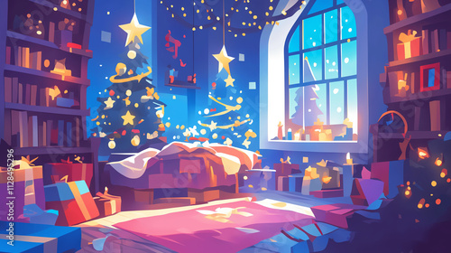 Christmas night scenery, colorful Christmas Eve, winter night landscape, christmas background with snowflakes