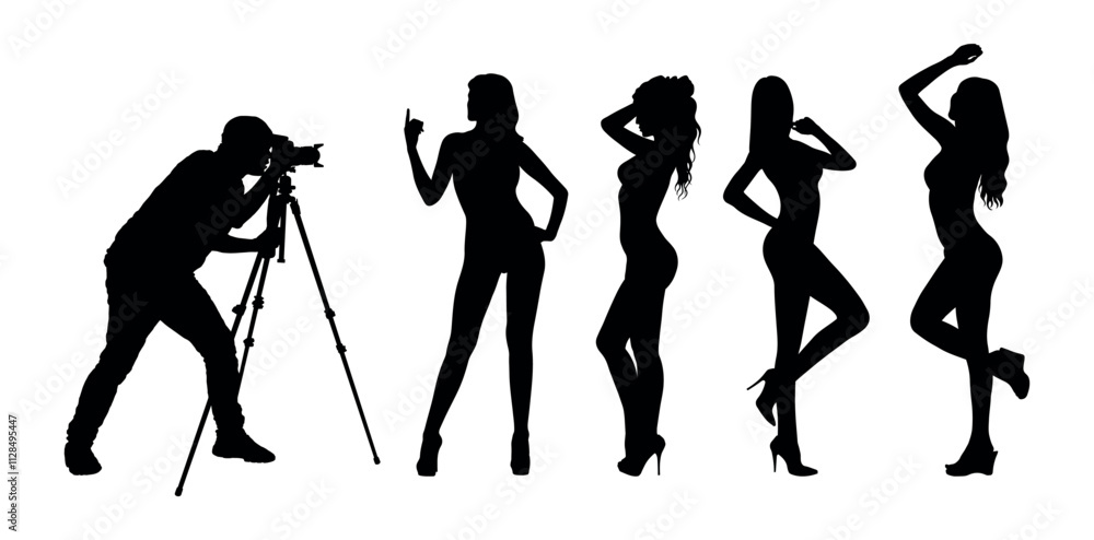 Man photographer with camera on tripod taking shot and shooting videos of group sexy woman model in studio vector silhouettes on white background. Man photographer with camera on tripod taking shot and shooting videos of group sexy woman model in studio vector silhouettes on white background.