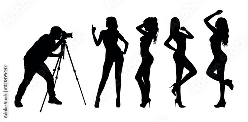 Man photographer with camera on tripod taking shot and shooting videos of group sexy woman model in studio vector silhouettes on white background.