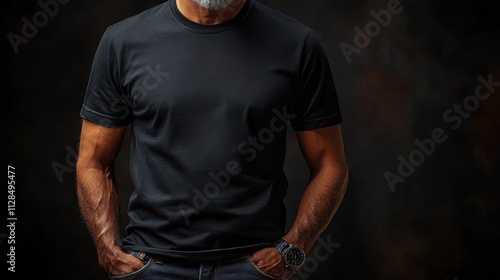 man on a white background with a black t shirt design mocku photo