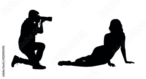 Man photographer with camera shooting a woman model pose in studio on white background vector silhouettes.