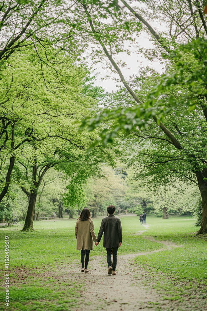 Young couple holding hands walking in green park during springtime Young couple holding hands walking in green park during springtime
