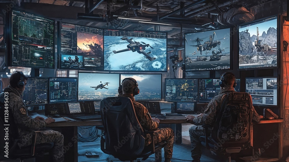 Military drone control room with multiple monitors displaying aircraft surveillance footage, operators in tactical gear monitoring advanced technology systems Military drone control room with multiple monitors displaying aircraft surveillance footage, operators in tactical gear monitoring advanced technology systems