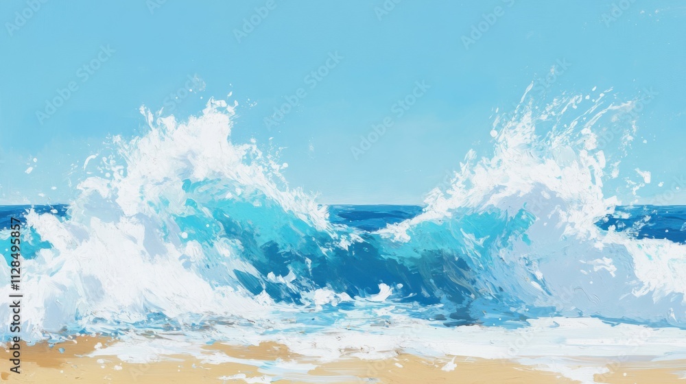 Obraz premium Blue ocean waves crashing onto sandy beach, set against bright clear sky, symbolizing escape to tranquil seaside paradise.