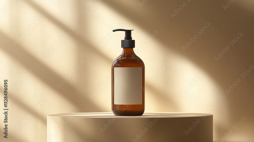 Elegant amber bottle with pump on pedestal, perfect for branding. mockup Elegant amber bottle with pump on pedestal, perfect for branding. mockup