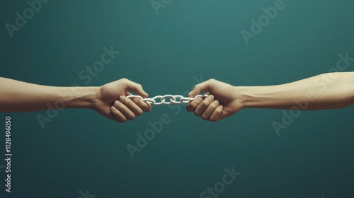 Breaking Free: Two Hands Pulling Apart a Metal Chain, Symbolizing Separation, Independence, and the Struggle for Liberation photo