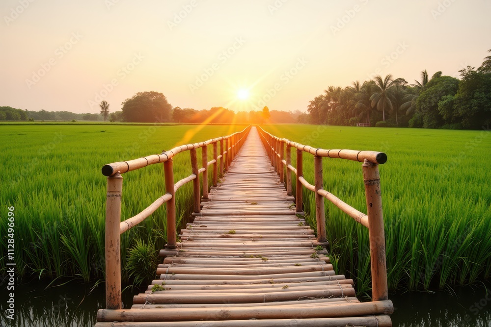 Fototapeta premium Serene Bamboo Bridge Over Lush Green Rice Field Under Golden Sunrise with Palm Trees in Background Creating Picturesque Natural Scenery
