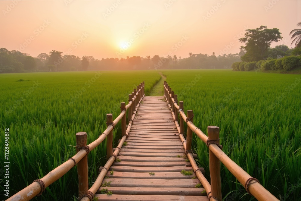 Fototapeta premium Serene Sunrise Over a Bamboo Bridge Leading Through Lush Green Rice Fields with Palm Trees and Soft Light of Dawn Highlighting the Tranquility of Nature’s Beauty