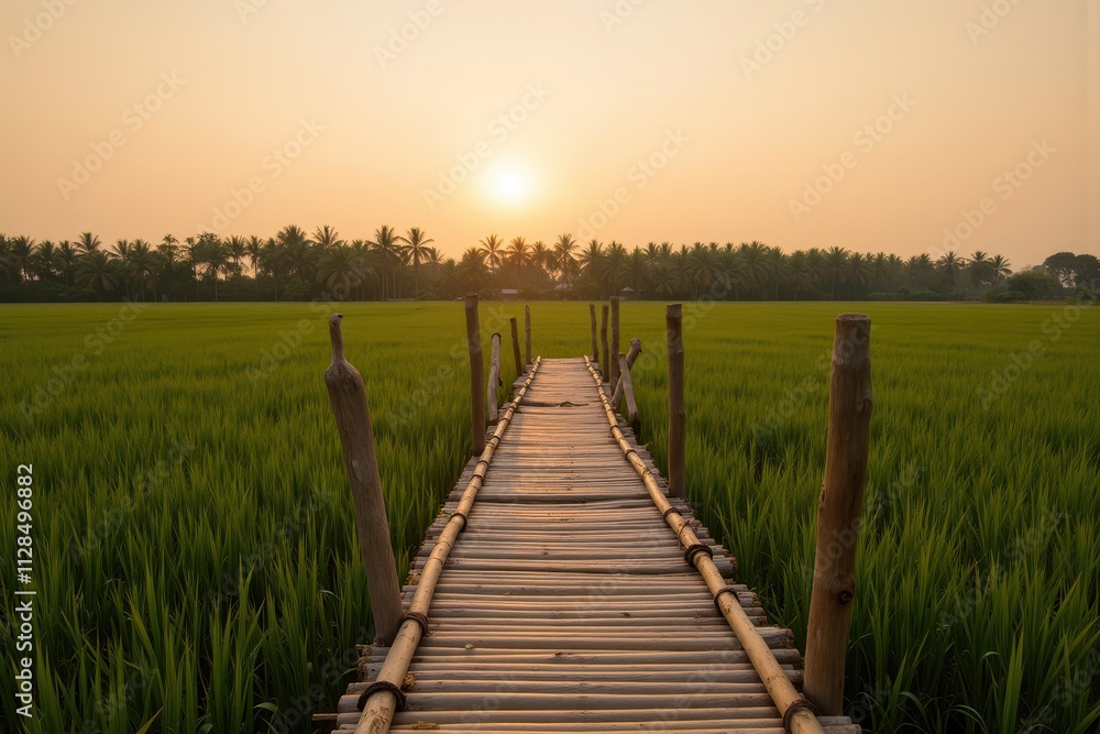 Obraz premium Serene Bamboo Bridge Stretching Across Lush Green Rice Fields Under a Warm Sunset in Tranquil Scenery