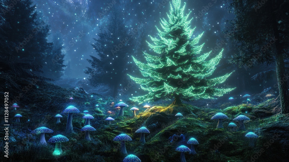 Fototapeta premium A mystical forest scene featuring a glowing tree and colorful mushrooms under a starry sky.