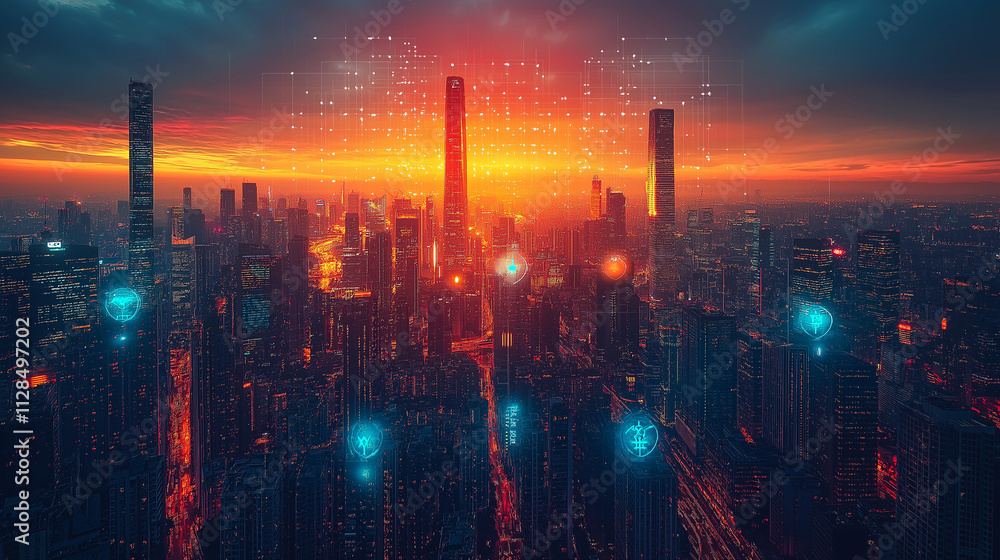 Fototapeta premium Cyberpunk Cityscape: A captivating view of a futuristic metropolis illuminated by neon lights and digital particles, with a fiery sunset casting an ethereal glow over the towering skyscrapers.