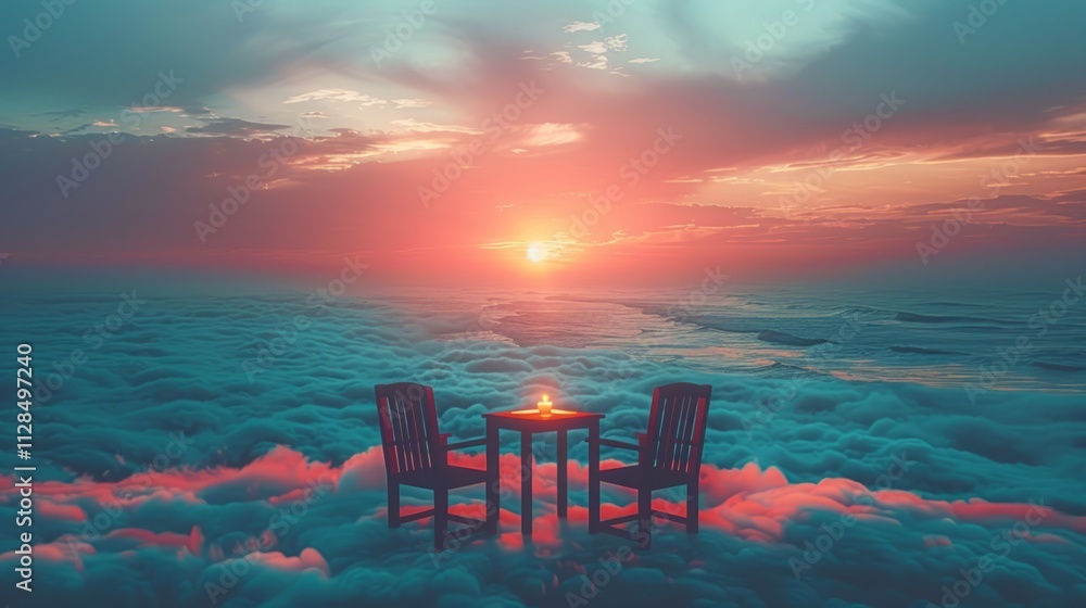 Naklejka premium Romantic sunset scene with two chairs and table on clouds.
