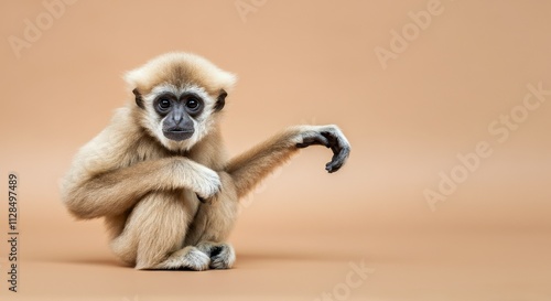 Obraz na płótnie Young gibbon in natural pose on earthy toned background for wildlife design w salonie