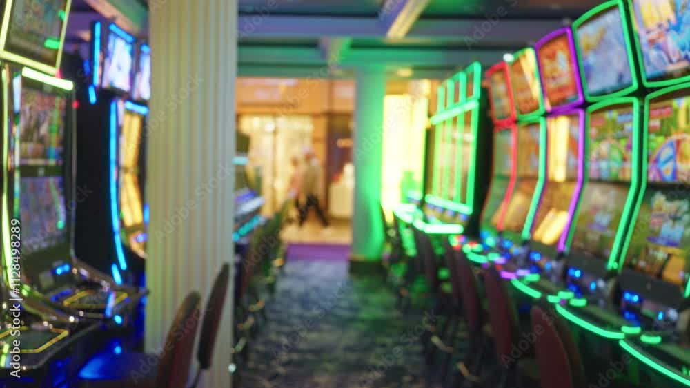 Blurred view of a vibrant las vegas casino interior featuring colorful slot machines lined up in a defocused manner, creating a lively nightlife atmosphere. Blurred view of a vibrant las vegas casino interior featuring colorful slot machines lined up in a defocused manner, creating a lively nightlife atmosphere.
