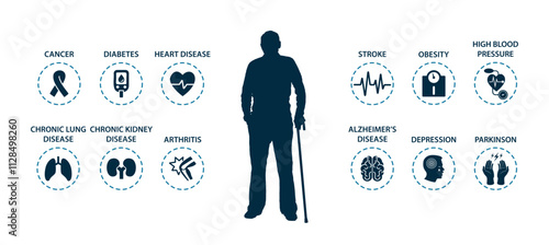 Old senior man holding walking stick front view with chronic diseases icons as background vector silhouettes.