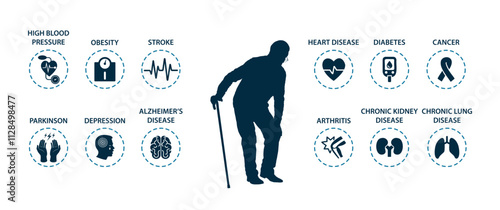 Old senior man with walking stick holding knee hurt with chronic diseases icons as background vector silhouette.