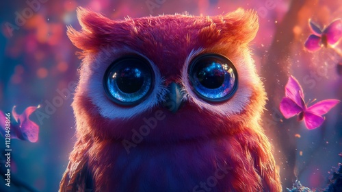 Adorable Red Owl with Big Blue Eyes and Butterflies