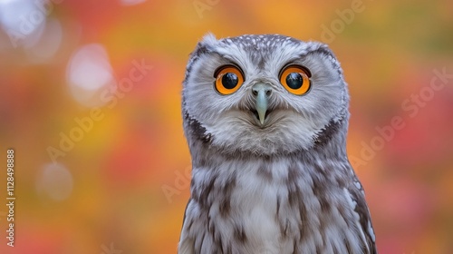 An owl with bright orange eyes stares intently photo