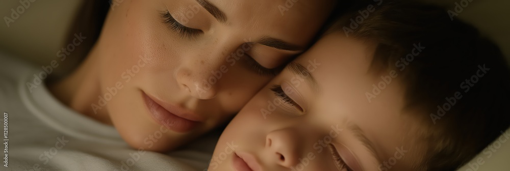 A tender moment captured as a mother and her child peacefully embrace while sleeping, conveying love, safety, and deep emotional connection through their expressions. A tender moment captured as a mother and her child peacefully embrace while sleeping, conveying love, safety, and deep emotional connection through their expressions.