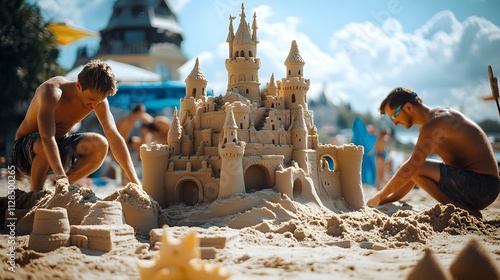 A group of men sculpting an intricate sandcastle with towers and arches on a sunny beach.