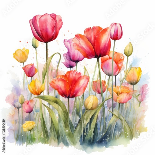 A vibrant watercolor painting of colorful tulips blooming in a lush garden, showcasing various shades of pink, yellow, and orange.