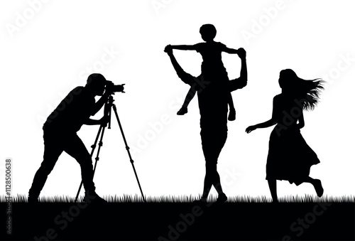 Photographer taking photos of father carrying his little son on shoulders outdoors vector silhouette.