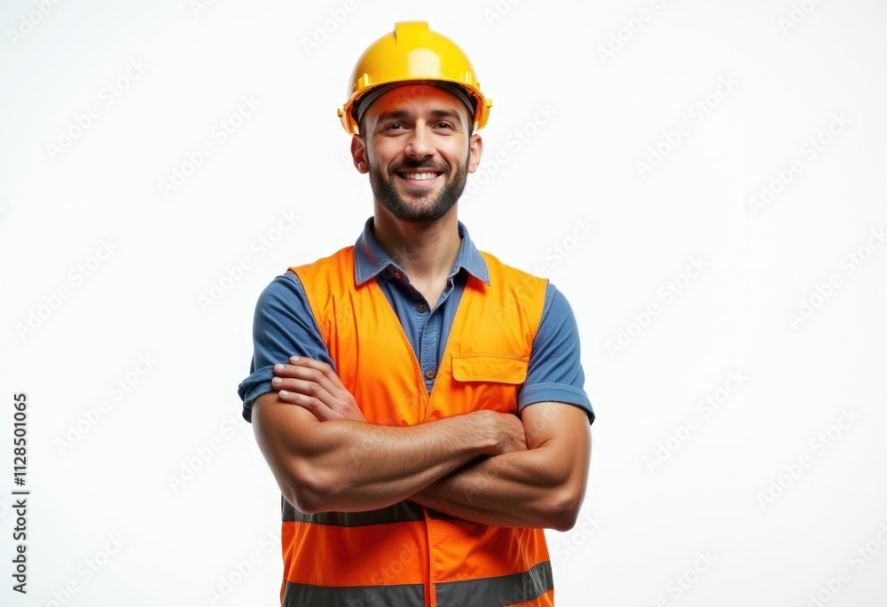 A construction worker in a yellow helmet and orange vest stands with his arms crossed. A construction worker in a yellow helmet and orange vest stands with his arms crossed.