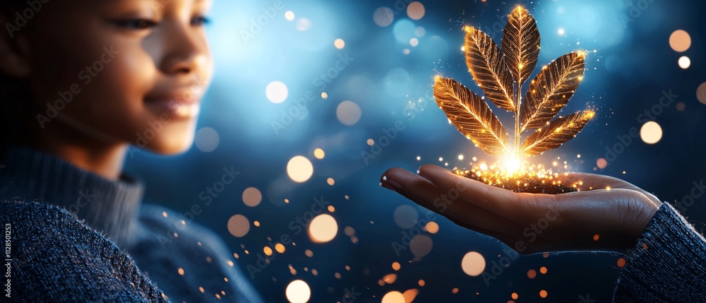 Digital transformation strategy innovation growth concept. A young person holds shimmering, glowing elements in their hand, symbolizing creativity and magic against a dreamy, illuminated background. Digital transformation strategy innovation growth concept. A young person holds shimmering, glowing elements in their hand, symbolizing creativity and magic against a dreamy, illuminated background.