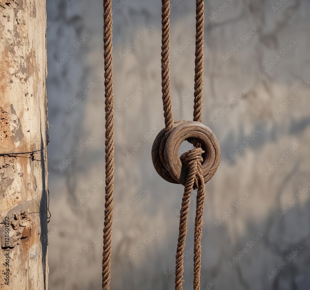 Tangled rope with frayed ends hanging from a rusty metal pulley, metallic debris, frayed rope, frayed ropes Tangled rope with frayed ends hanging from a rusty metal pulley, metallic debris, frayed rope, frayed ropes